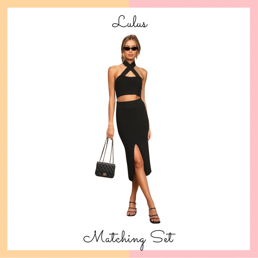 Lulus Black Two Piece Sweater Crop Top + Matching Skirt Set
